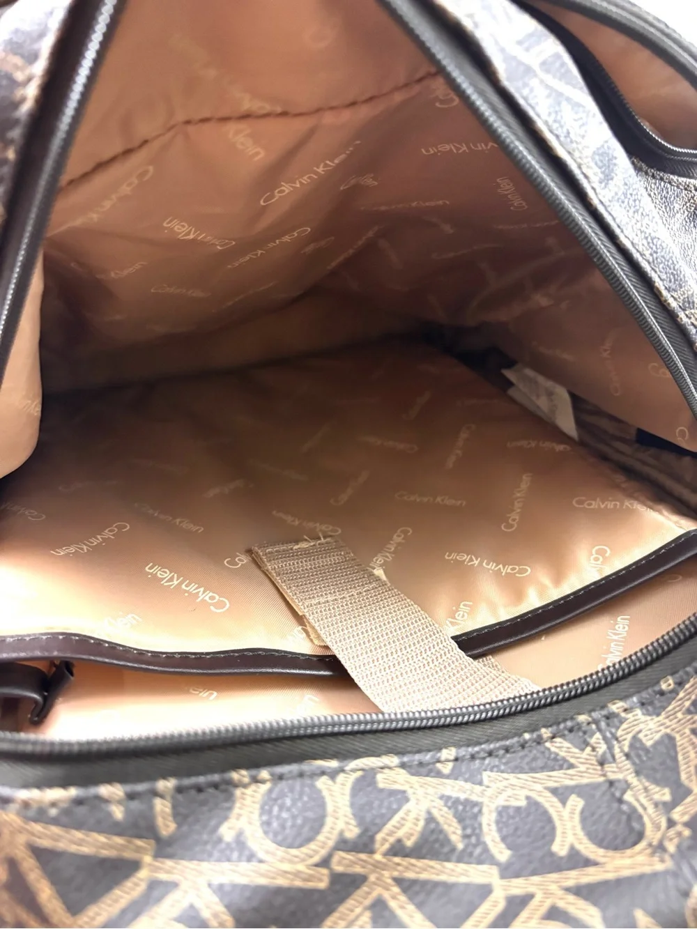 Calvin‎ Klein Elaine Signature Brown Monogram Key Item Flap Large Backpack